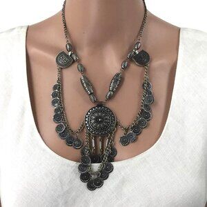 Boho Style Bib Necklace Coin Fringe Adjustable Length Beaded